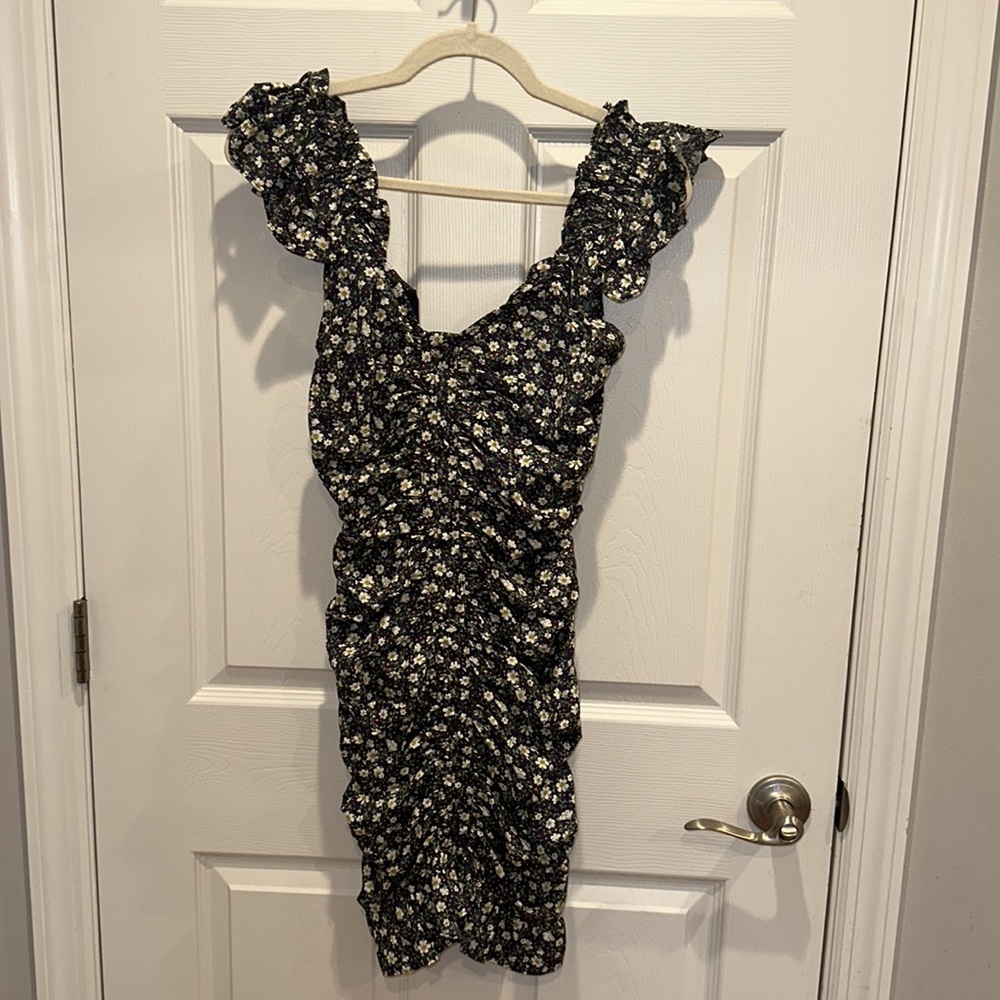 Blue Ditsy Daisy Ruched Mini Dress (Size S)